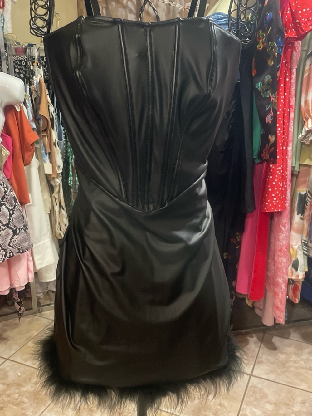 SHEIN Black Faux Leather Corset Mini Dress with Feather Trim